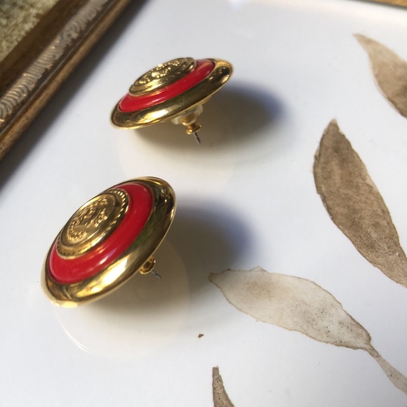 Liz Claiborne vintage button earrings red gold - Picture 5 of 7